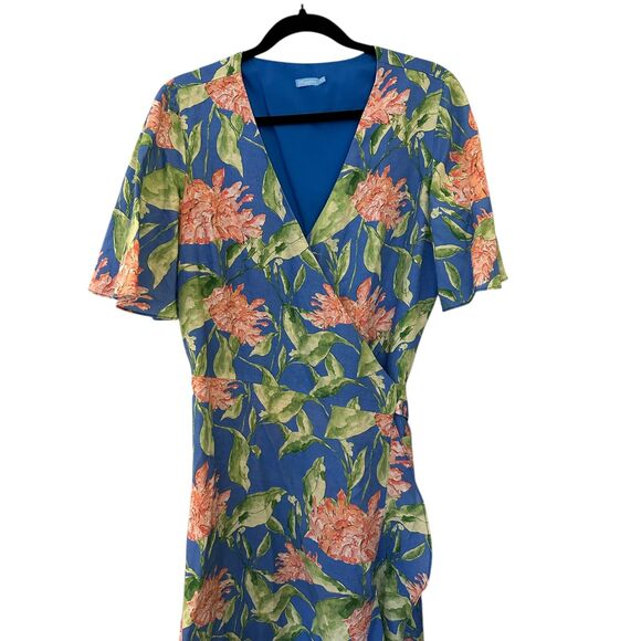 J. Mclaughlin Blue & Pink Peony Bloom Audette Linen V-Neck Maxi Dress M - Picture 5 of 8